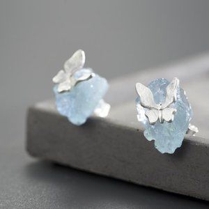 White Gold Aquamarine Blue Stone Raw Crystal Butterfly Mini Earrings for her